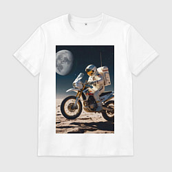 Футболка хлопковая мужская Космонавт ездит на мотоцикле по Луне, цвет: белый