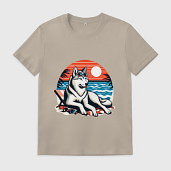 Мужская футболка Хаски отдыхает на пляже