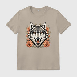 Футболка хлопковая мужская Голова волка в цветах, цвет: миндальный