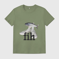 Футболка хлопковая мужская Fih - мем с рыбой в кедах, цвет: авокадо