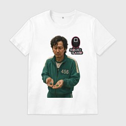 Футболка хлопковая мужская Игра в кальмара - игрок 456 с кубиками, цвет: белый