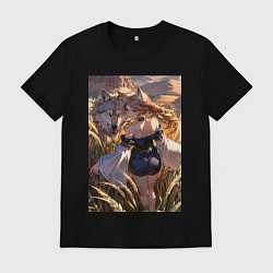 Футболка хлопковая мужская Девушка-волчица посреди поля пшеницы, цвет: черный