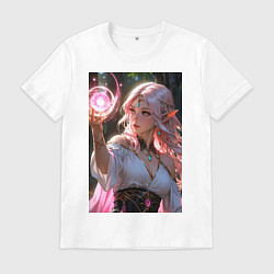 Футболка хлопковая мужская Нежная эльфийка с магической сферой, цвет: белый