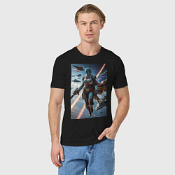 Футболка хлопковая мужская Девушка-мандалорец в космосе, цвет: черный — фото 2