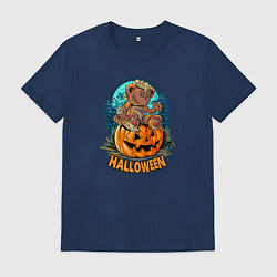 Футболка хлопковая мужская Мишка на тыкве, цвет: тёмно-синий