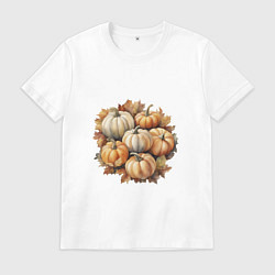 Футболка хлопковая мужская Тыквы разные на осенних листьях акварель, цвет: белый