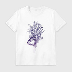 Футболка хлопковая мужская Рыба с цветами, цвет: белый