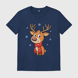 Футболка хлопковая мужская Новогодний олень и снежинки, зима, цвет: тёмно-синий