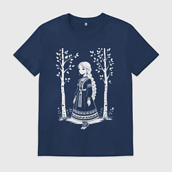 Футболка хлопковая мужская Девочка в этническом наряде в лесу, цвет: тёмно-синий