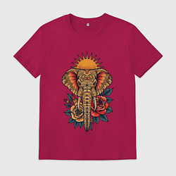 Футболка хлопковая мужская Слон на фоне солнца с розами в стиле тату, цвет: маджента