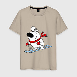 Футболка хлопковая мужская Мишка на лыжах, цвет: миндальный