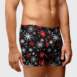 Трусы-боксеры мужские Белые и красные снежинки на черном фоне - нейросет, цвет: 3D-принт — фото 2