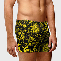 Трусы-боксеры мужские Хохломская роспись золотые цветы на чёроном фоне, цвет: 3D-принт — фото 2