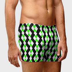 Трусы-боксеры мужские Зелёные и белые ромбы на чёрном фоне, цвет: 3D-принт — фото 2