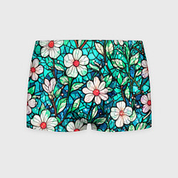 Трусы-боксеры мужские Цветочный сине-зелёный витраж, цвет: 3D-принт