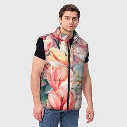 Мужской жилет Разноцветные пастельные тюльпаны - паттерн, цвет: 3D-черный — фото 2