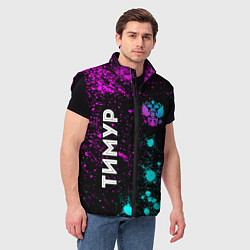 Мужской жилет Тимур и неоновый герб России: надпись, символ, цвет: 3D-черный — фото 2