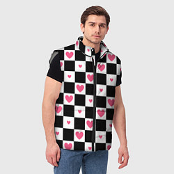 Мужской жилет Розовые сердечки на фоне шахматной черно-белой дос, цвет: 3D-светло-серый — фото 2