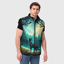 Мужской жилет Волк в ночном лесу фолк-арт, цвет: 3D-черный — фото 2