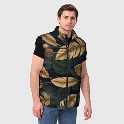 Мужской жилет Золотые листья монстеры и перья, цвет: 3D-черный — фото 2