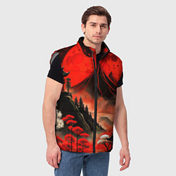 Мужской жилет Япония природа в красном цвете, цвет: 3D-светло-серый — фото 2