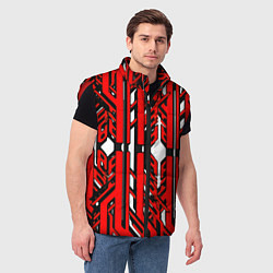 Мужской жилет Чёрно-красные техно полосы на белом фоне, цвет: 3D-красный — фото 2