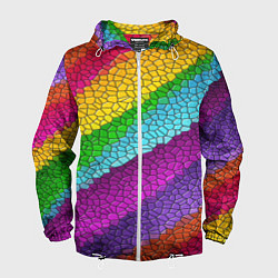 Ветровка с капюшоном мужская Яркая мозаика радуга диагональ, цвет: 3D-белый