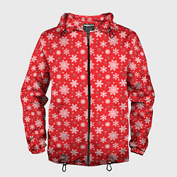 Ветровка с капюшоном мужская Снежинки красный фон, цвет: 3D-черный