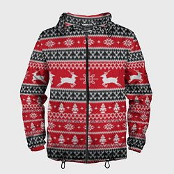 Ветровка с капюшоном мужская НОВОГОДНИЙ УЗОР С ОЛЕНЯМИ, цвет: 3D-черный
