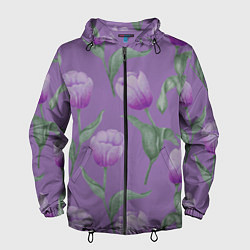 Ветровка с капюшоном мужская Фиолетовые тюльпаны с зелеными листьями, цвет: 3D-черный