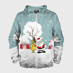 Ветровка с капюшоном мужская Деревенский Новый Год Дед Мороз и Олень, цвет: 3D-белый