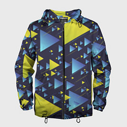 Ветровка с капюшоном мужская Абстракция Из Жёлтых и Синих Треугольников На Тёмн, цвет: 3D-черный