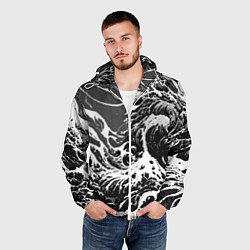 Ветровка с капюшоном мужская Черно-белые волны, цвет: 3D-белый — фото 2