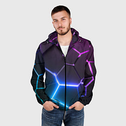 Ветровка с капюшоном мужская Фиолетовый градиент - неоновые геометрические плит, цвет: 3D-черный — фото 2