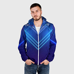 Ветровка с капюшоном мужская Глубокий синий с неоновыми полосами, цвет: 3D-белый — фото 2