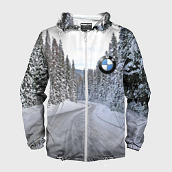 Ветровка с капюшоном мужская BMW - зимняя дорога через лес, цвет: 3D-белый