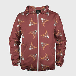 Ветровка с капюшоном мужская Эстетика: праздничные олени на бордовом фоне, цвет: 3D-белый