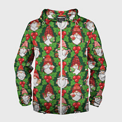 Ветровка с капюшоном мужская Новогодние гномы - паттерн, цвет: 3D-белый