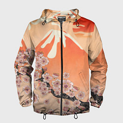 Ветровка с капюшоном мужская Ветка цветущей сакуры и вулкан, цвет: 3D-черный