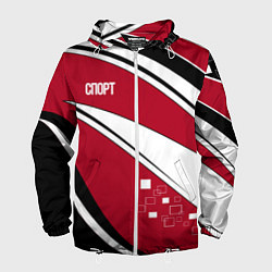 Ветровка с капюшоном мужская Красно черная абстракция на белом спорт, цвет: 3D-белый