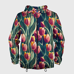 Ветровка с капюшоном мужская Много тюльпанов, цвет: 3D-черный