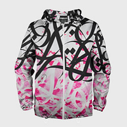 Ветровка с капюшоном мужская Черно-розовая каллиграфия, цвет: 3D-белый