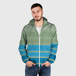 Ветровка с капюшоном мужская Оливковые и голубые полосы, цвет: 3D-белый — фото 2