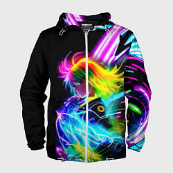 Ветровка с капюшоном мужская Огненная девчонка - киберпанк - неоновое свечение, цвет: 3D-белый