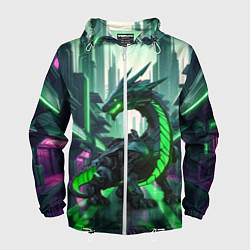 Ветровка с капюшоном мужская Неоновый зеленый дракон, цвет: 3D-белый