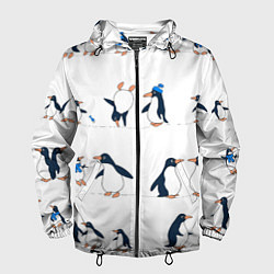 Ветровка с капюшоном мужская Семейство пингвинов на прогулке, цвет: 3D-черный