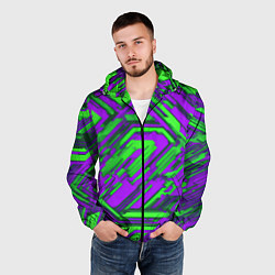Ветровка с капюшоном мужская Кибкрпанк полосы фиолетовые и зелёные, цвет: 3D-черный — фото 2