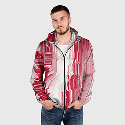 Ветровка с капюшоном мужская Красные линии на белом фоне киберпанк, цвет: 3D-черный — фото 2