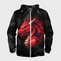 Ветровка с капюшоном мужская Красный дракон на полигональном черном фоне, цвет: 3D-белый