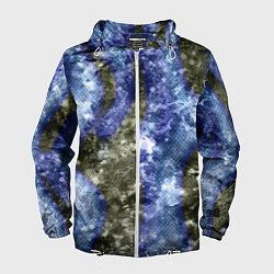 Ветровка с капюшоном мужская Абстракция - гранж синие полосы на сером, цвет: 3D-белый